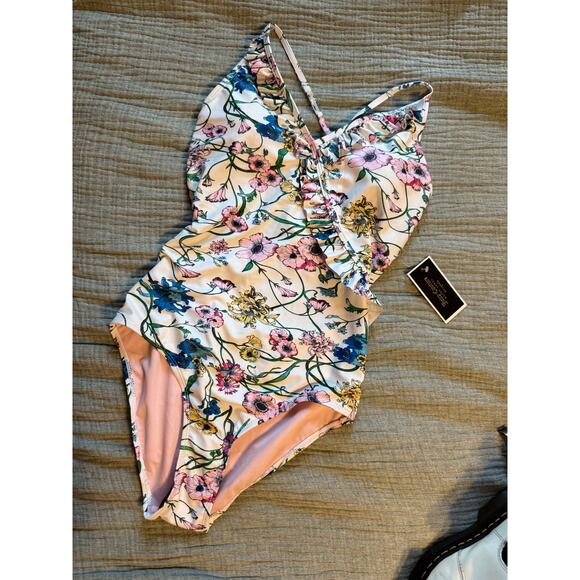 NWT Juicy Couture Black Label Ruffle Trim One-Piece Pink Floral Swimsuit Size S - Picture 1 of 4